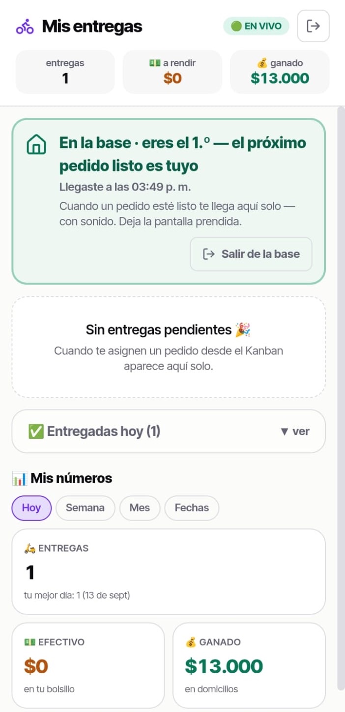 App de mensajeros de Delivery Hackers: pantalla «Mis entregas» con el mensajero en la base, entregas del día y lo ganado