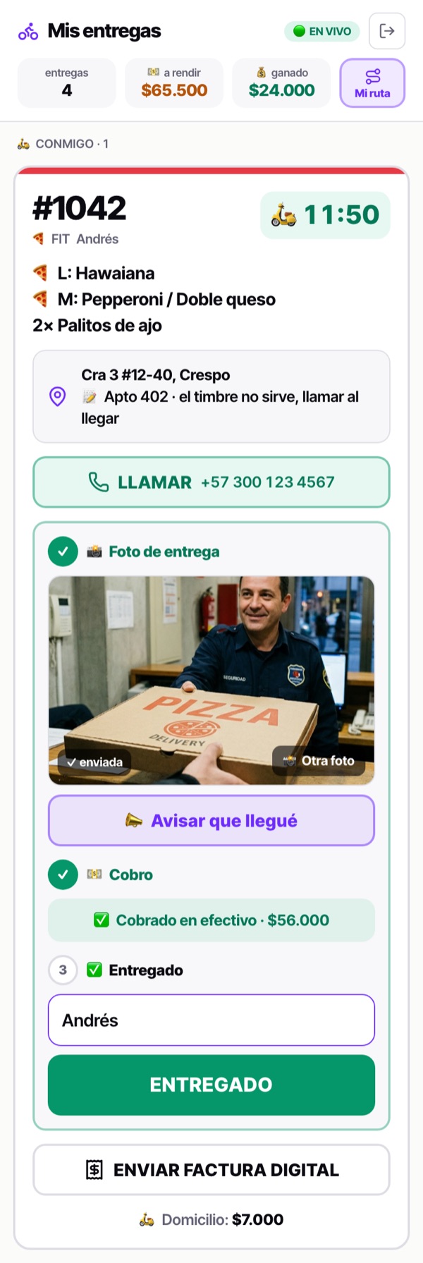 App de mensajeros de Delivery Hackers: pedido #1042 en curso, dirección, botón de llamar, foto de entrega en la portería y botón ENTREGADO