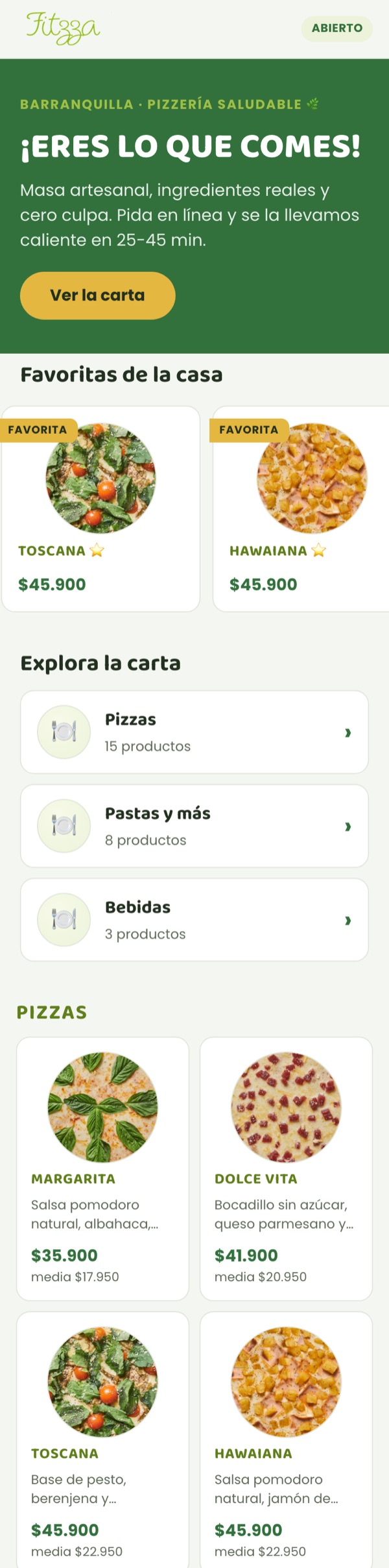 Web de pedidos de FITZZA, cliente de Delivery Hackers: su logo, su carta con fotos y precios, lista para pedir